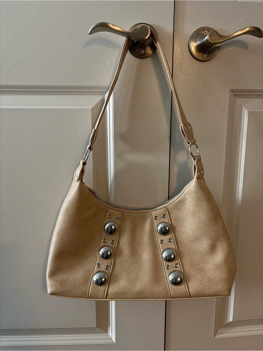 Beige Leather Shoulder Bag with Decorative Studs